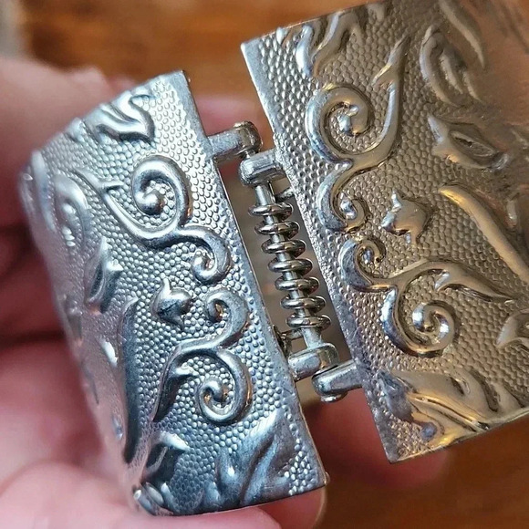 Wide Silvertone Scroll Design Cuff Bracelet - Picture 7 of 10